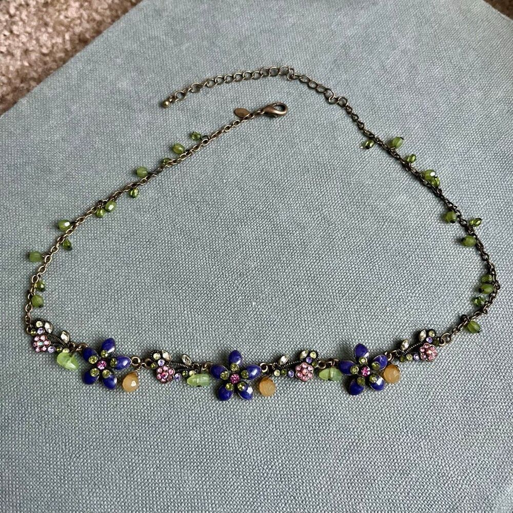VTG Y2K Premier Designs Floral Necklace Purple Enamel Rhinestone 16.5–19.5”
